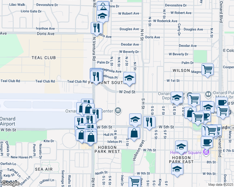 map of restaurants, bars, coffee shops, grocery stores, and more near 200s South K Street in Oxnard