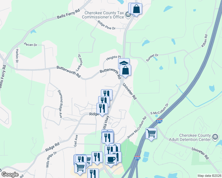 map of restaurants, bars, coffee shops, grocery stores, and more near 3330 Marietta Highway in Canton