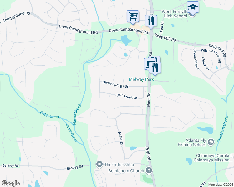map of restaurants, bars, coffee shops, grocery stores, and more near 5340 Cole Creek Lane in Cumming
