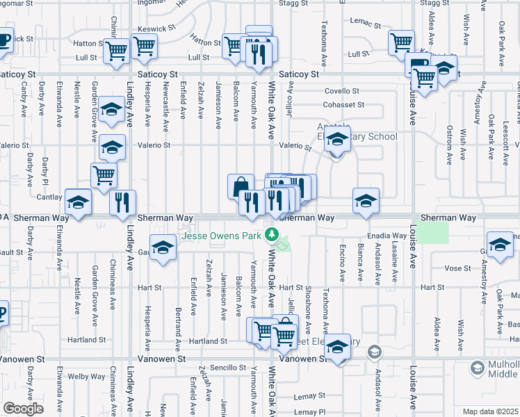map of restaurants, bars, coffee shops, grocery stores, and more near 17721 Sherman Way in Los Angeles