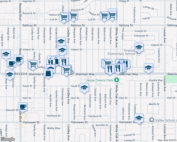 map of restaurants, bars, coffee shops, grocery stores, and more near 7208 Enfield Avenue in Los Angeles