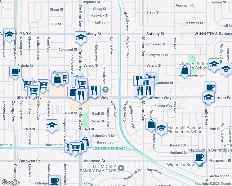 map of restaurants, bars, coffee shops, grocery stores, and more near 20655 Sherman Way in Los Angeles