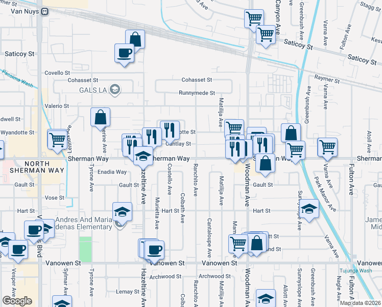 map of restaurants, bars, coffee shops, grocery stores, and more near 13915 Sherman Way in Los Angeles