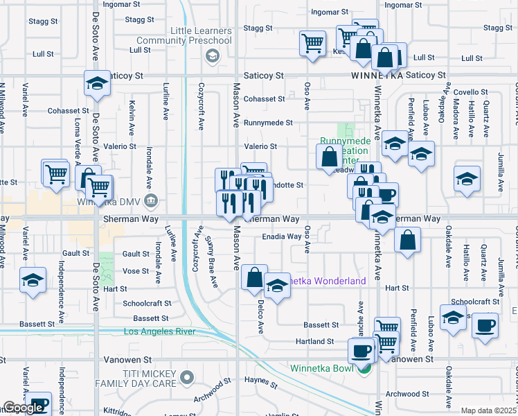 map of restaurants, bars, coffee shops, grocery stores, and more near 20417 Sherman Way in Los Angeles
