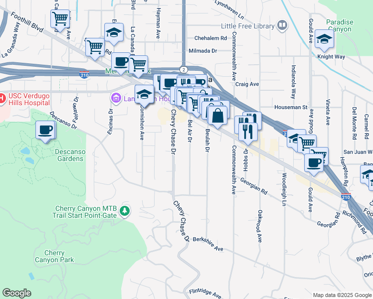 map of restaurants, bars, coffee shops, grocery stores, and more near 4393 Bel Air Drive in La Cañada Flintridge