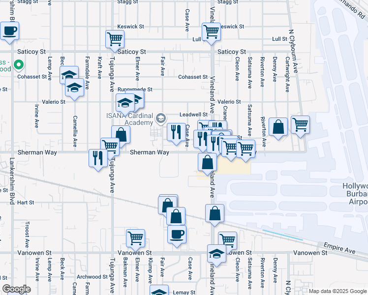 map of restaurants, bars, coffee shops, grocery stores, and more near 11101 Sherman Way in Los Angeles