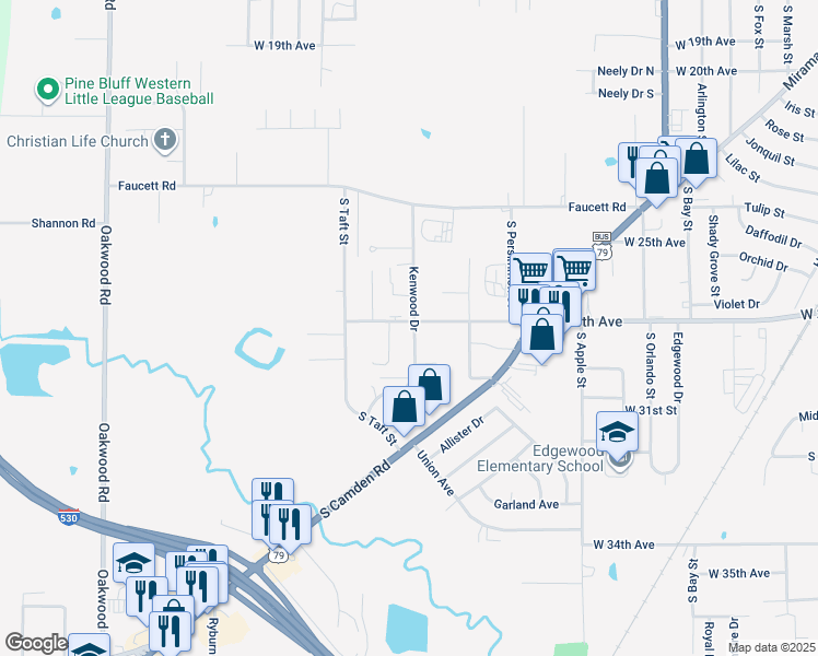 map of restaurants, bars, coffee shops, grocery stores, and more near 2800 Kenwood Drive in Pine Bluff