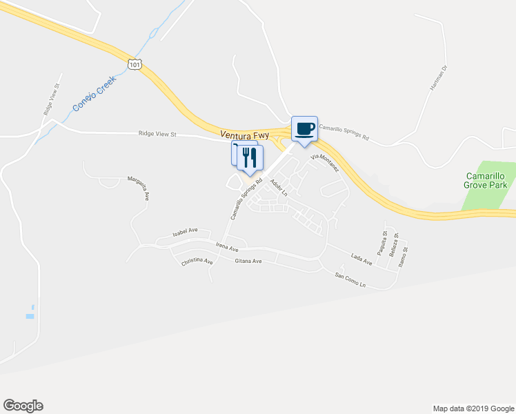 map of restaurants, bars, coffee shops, grocery stores, and more near 6002 Paseo Encantada in Camarillo