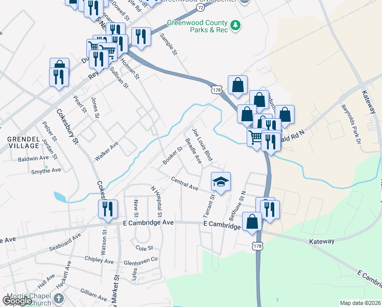 map of restaurants, bars, coffee shops, grocery stores, and more near 216 Beadle Avenue in Greenwood