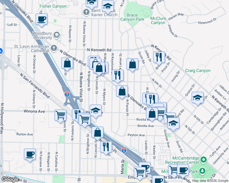 map of restaurants, bars, coffee shops, grocery stores, and more near 2420 North Keystone Street in Burbank
