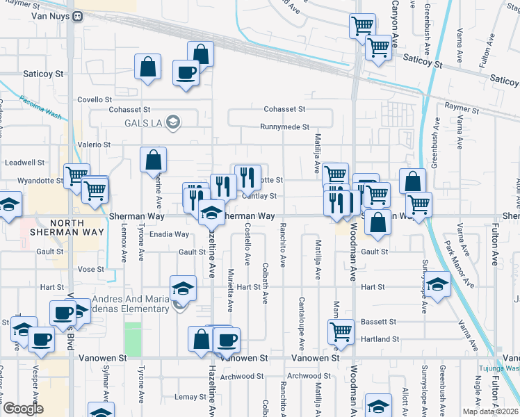 map of restaurants, bars, coffee shops, grocery stores, and more near 13941 Sherman Way in Los Angeles