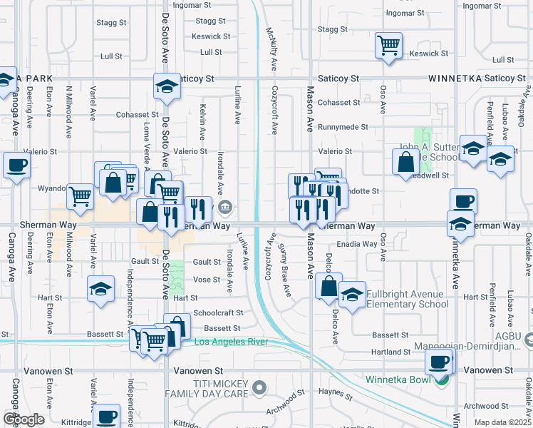 map of restaurants, bars, coffee shops, grocery stores, and more near 7211 Cozycroft Avenue in Los Angeles