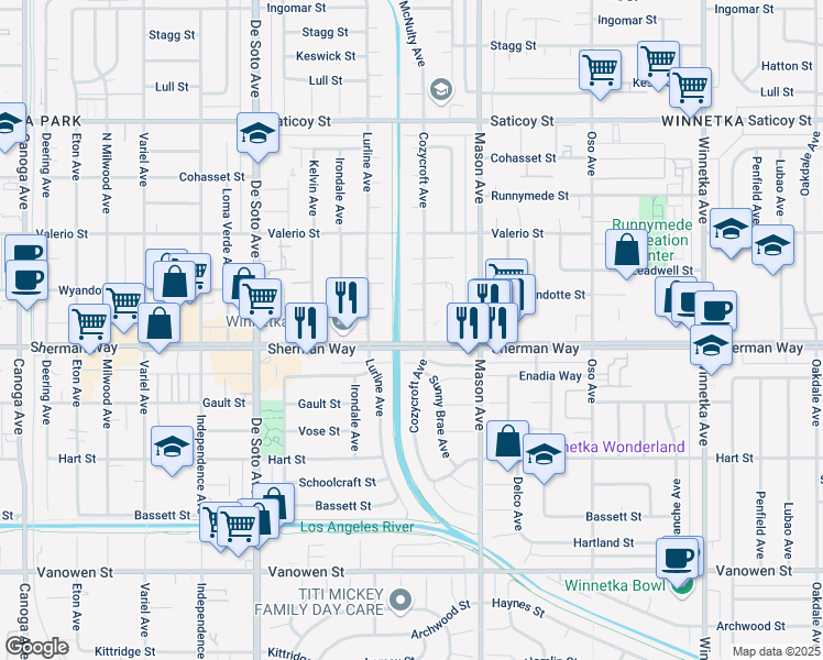 map of restaurants, bars, coffee shops, grocery stores, and more near 7211 Cozycroft Avenue in Los Angeles