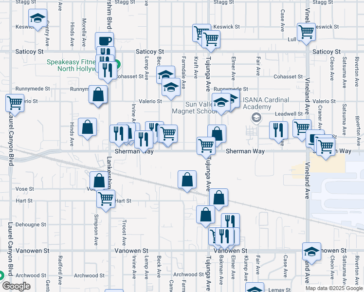 map of restaurants, bars, coffee shops, grocery stores, and more near 11467 Sherman Way in Los Angeles