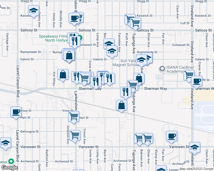 map of restaurants, bars, coffee shops, grocery stores, and more near 11523 Sherman Way in Los Angeles