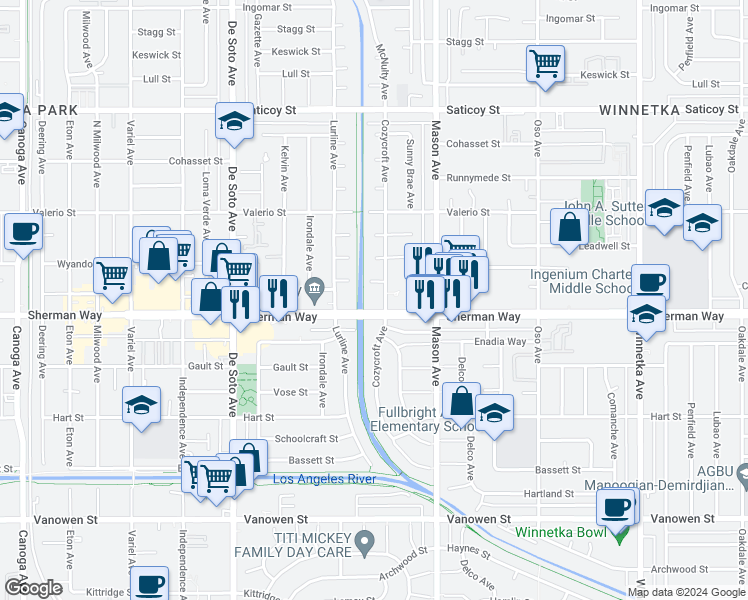 map of restaurants, bars, coffee shops, grocery stores, and more near 7211 Cozycroft Avenue in Los Angeles