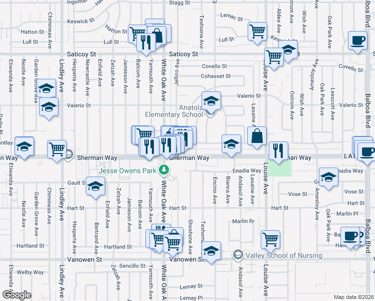 map of restaurants, bars, coffee shops, grocery stores, and more near 17607 Sherman Way in Los Angeles