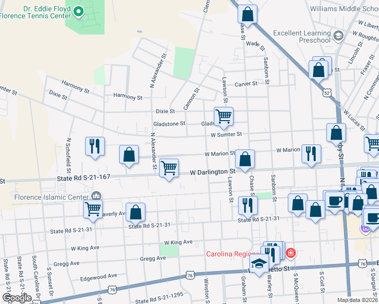 map of restaurants, bars, coffee shops, grocery stores, and more near 905 West Marion Street in Florence