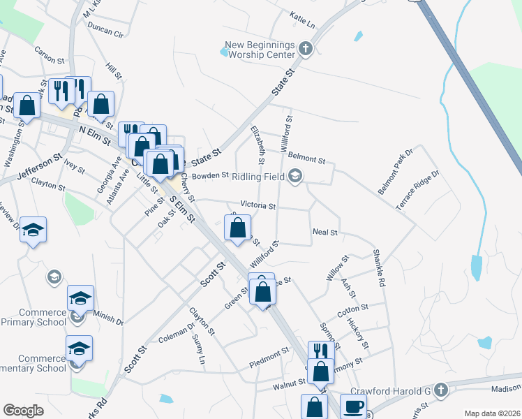 map of restaurants, bars, coffee shops, grocery stores, and more near 244 Victoria Street in Commerce