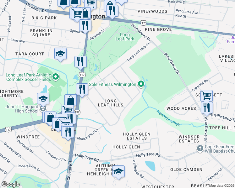 map of restaurants, bars, coffee shops, grocery stores, and more near 127 Ridgeway Drive in Wilmington