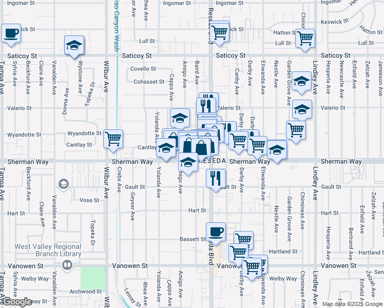 map of restaurants, bars, coffee shops, grocery stores, and more near 18566 Sherman Way in Los Angeles