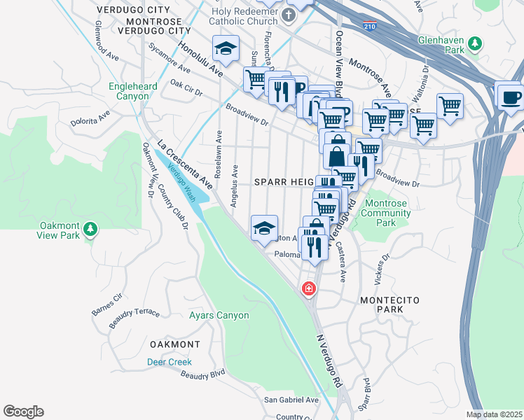 map of restaurants, bars, coffee shops, grocery stores, and more near 3432 Sierra Vista Avenue in Glendale