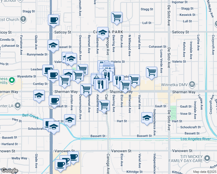 map of restaurants, bars, coffee shops, grocery stores, and more near 7212 Canoga Avenue in Los Angeles