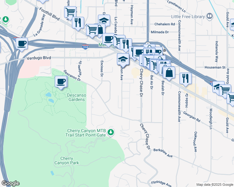 map of restaurants, bars, coffee shops, grocery stores, and more near 4385 Cobblestone Lane in La Cañada Flintridge