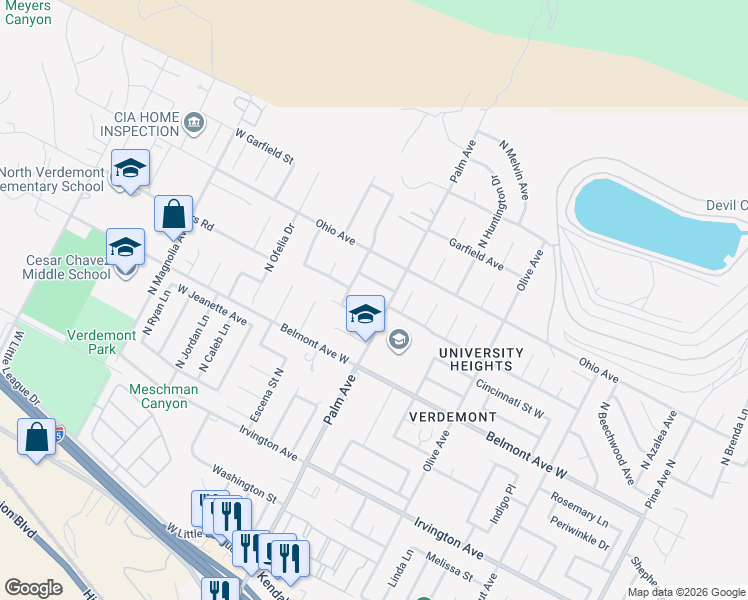 map of restaurants, bars, coffee shops, grocery stores, and more near 6637 North Blue Sky Court in San Bernardino