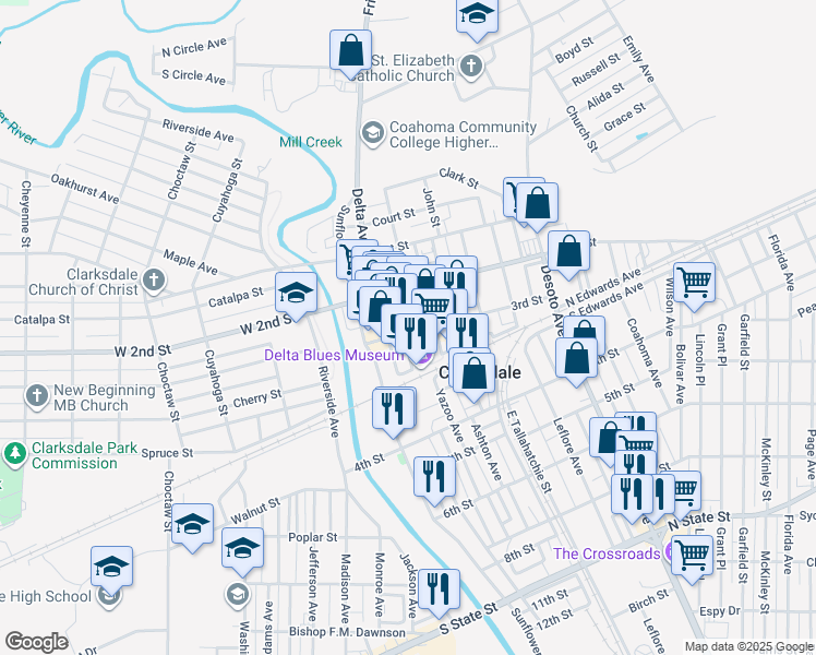 map of restaurants, bars, coffee shops, grocery stores, and more near 127 3rd Street in Clarksdale