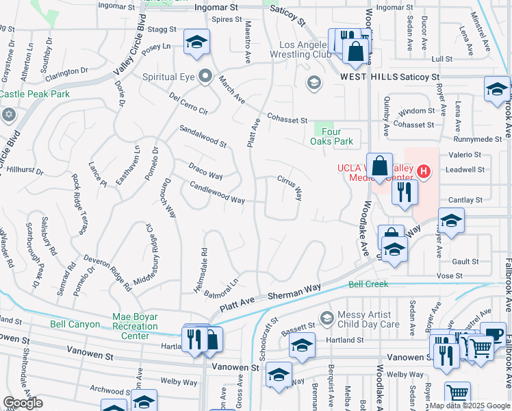 map of restaurants, bars, coffee shops, grocery stores, and more near 7230 Platt Avenue in Los Angeles