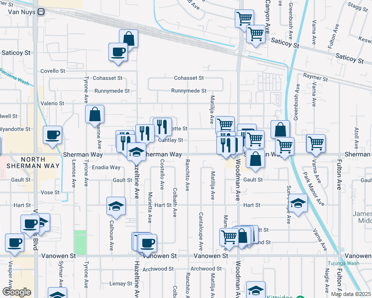 map of restaurants, bars, coffee shops, grocery stores, and more near 13903 Sherman Way in Los Angeles