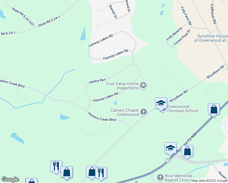 map of restaurants, bars, coffee shops, grocery stores, and more near 205 Fairway Lakes Road in Greenwood
