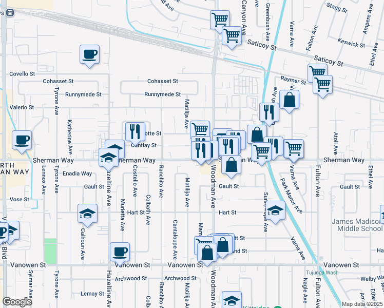 map of restaurants, bars, coffee shops, grocery stores, and more near 13751 Sherman Way in Los Angeles