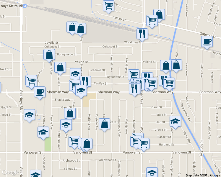 map of restaurants, bars, coffee shops, grocery stores, and more near 13861 Sherman Way in Los Angeles