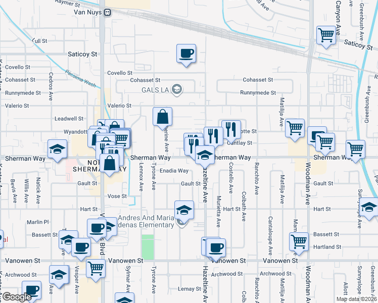 map of restaurants, bars, coffee shops, grocery stores, and more near 7207 North Chestnut Lane in Los Angeles
