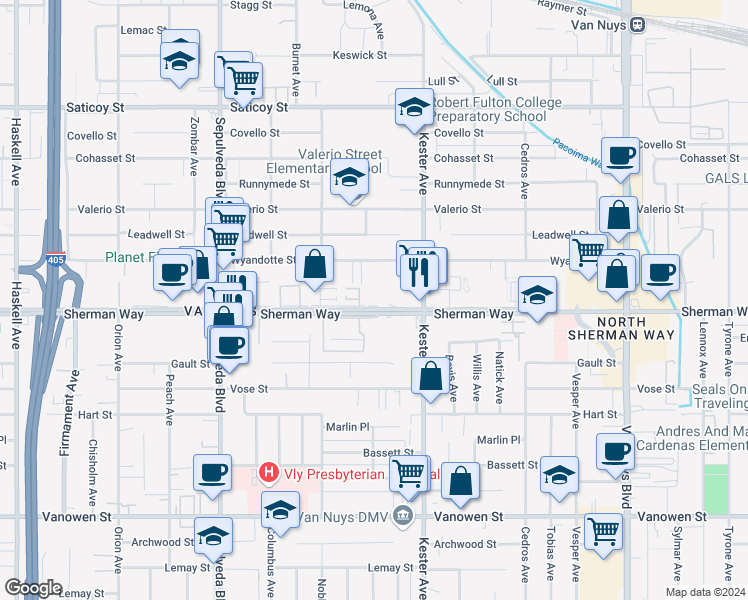 map of restaurants, bars, coffee shops, grocery stores, and more near 7648 Burnet Avenue in Los Angeles