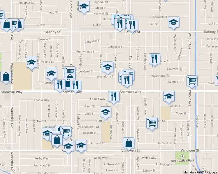 map of restaurants, bars, coffee shops, grocery stores, and more near 501 Sherman Way in Los Angeles