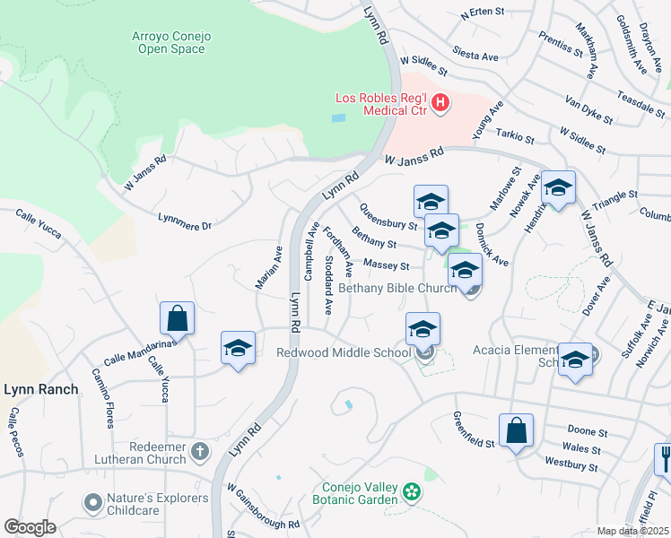 map of restaurants, bars, coffee shops, grocery stores, and more near 1690 Stoddard Avenue in Thousand Oaks