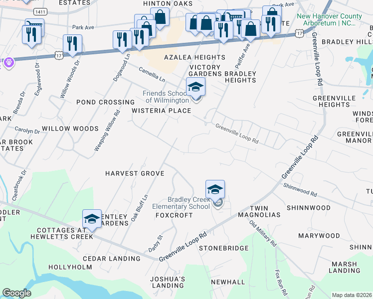map of restaurants, bars, coffee shops, grocery stores, and more near 5730-5744 Ruxton Way in Wilmington