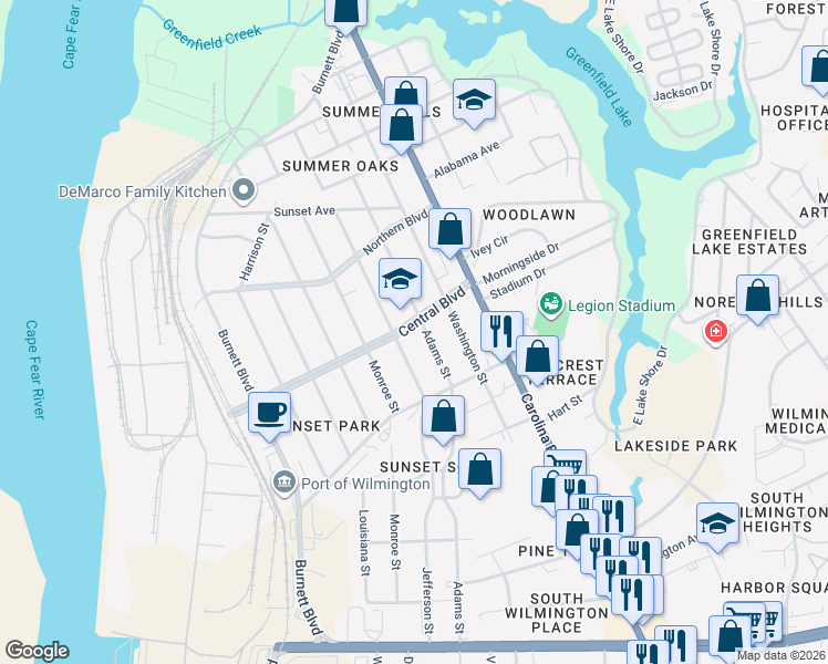 map of restaurants, bars, coffee shops, grocery stores, and more near 302 Central Boulevard in Wilmington