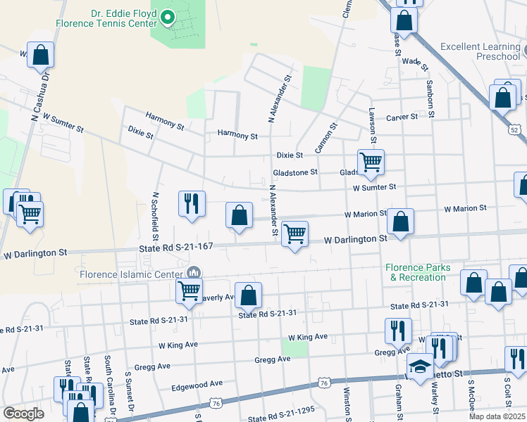 map of restaurants, bars, coffee shops, grocery stores, and more near 1007 West Marion Street in Florence
