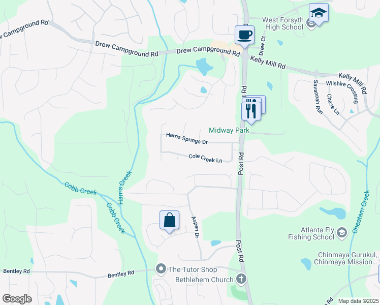 map of restaurants, bars, coffee shops, grocery stores, and more near 5340 Cole Creek Lane in Cumming