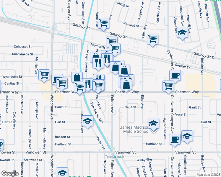 map of restaurants, bars, coffee shops, grocery stores, and more near 13329 Sherman Way in Los Angeles