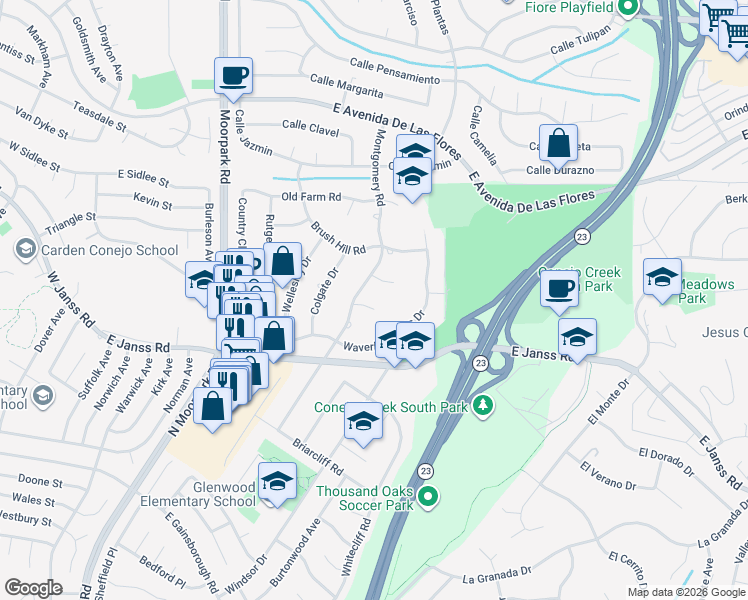 map of restaurants, bars, coffee shops, grocery stores, and more near 965 Pickwick Court in Thousand Oaks