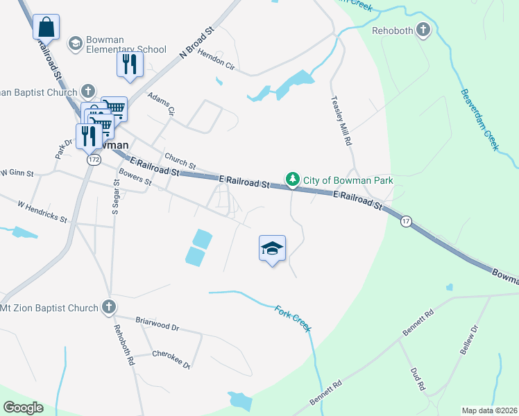 map of restaurants, bars, coffee shops, grocery stores, and more near 346 Bowers Street in Bowman