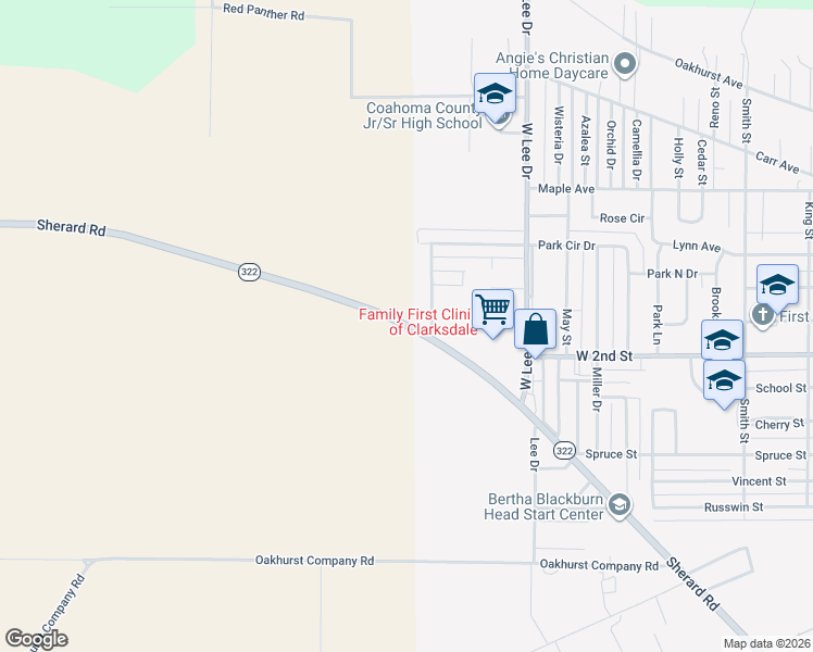 map of restaurants, bars, coffee shops, grocery stores, and more near Sherard Road in Clarksdale