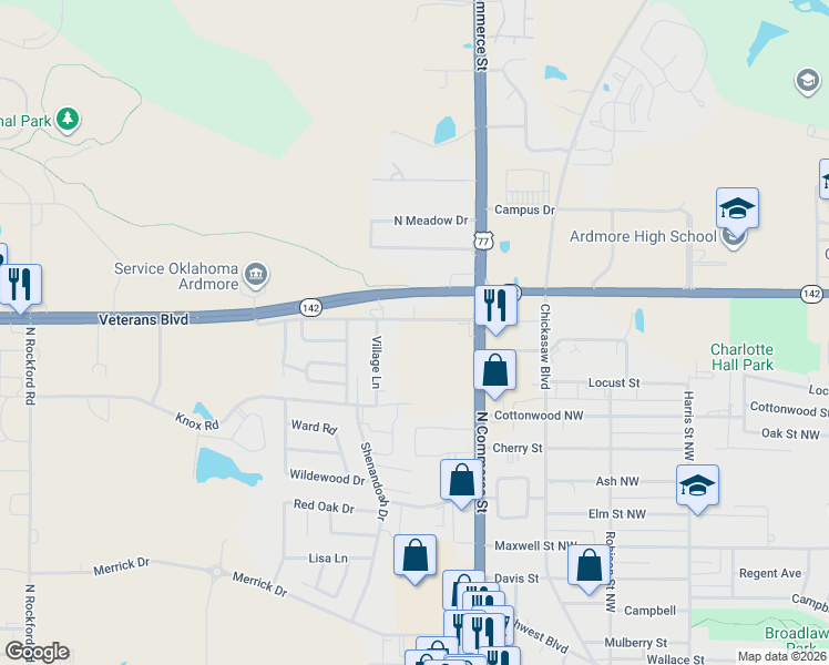 map of restaurants, bars, coffee shops, grocery stores, and more near 1109-1111 Prairie Valley Road in Ardmore