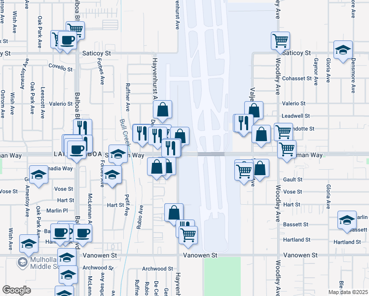 map of restaurants, bars, coffee shops, grocery stores, and more near 16501 Sherman Way in Los Angeles
