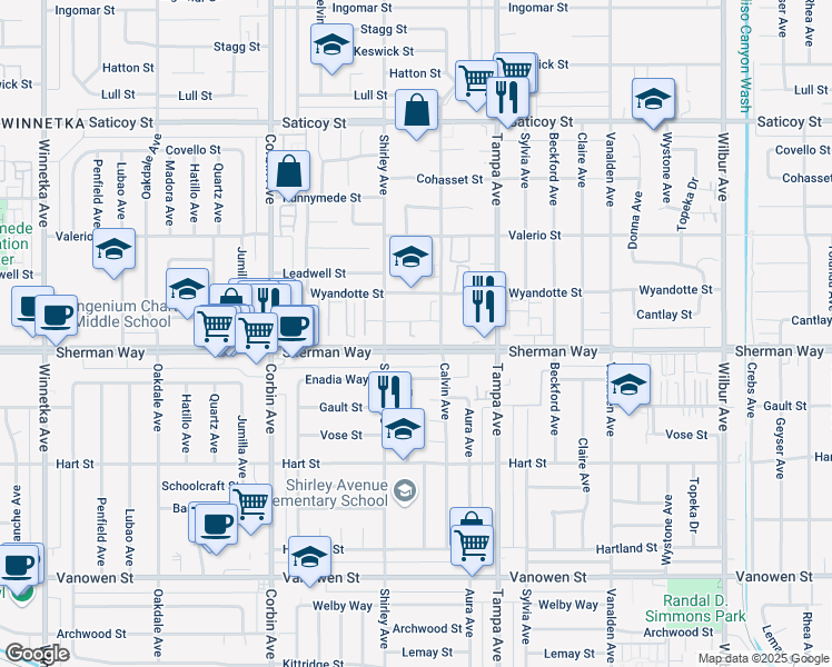 map of restaurants, bars, coffee shops, grocery stores, and more near 19431 Sherman Way in Los Angeles